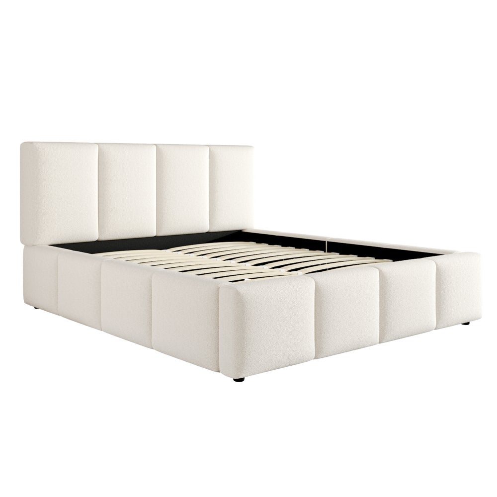 Lit double 180x200 cm rembourré beige bouclé avec tête de lit 11 cm, sommier à lattes inclus, design minimaliste et stable charge 300 kg - 9