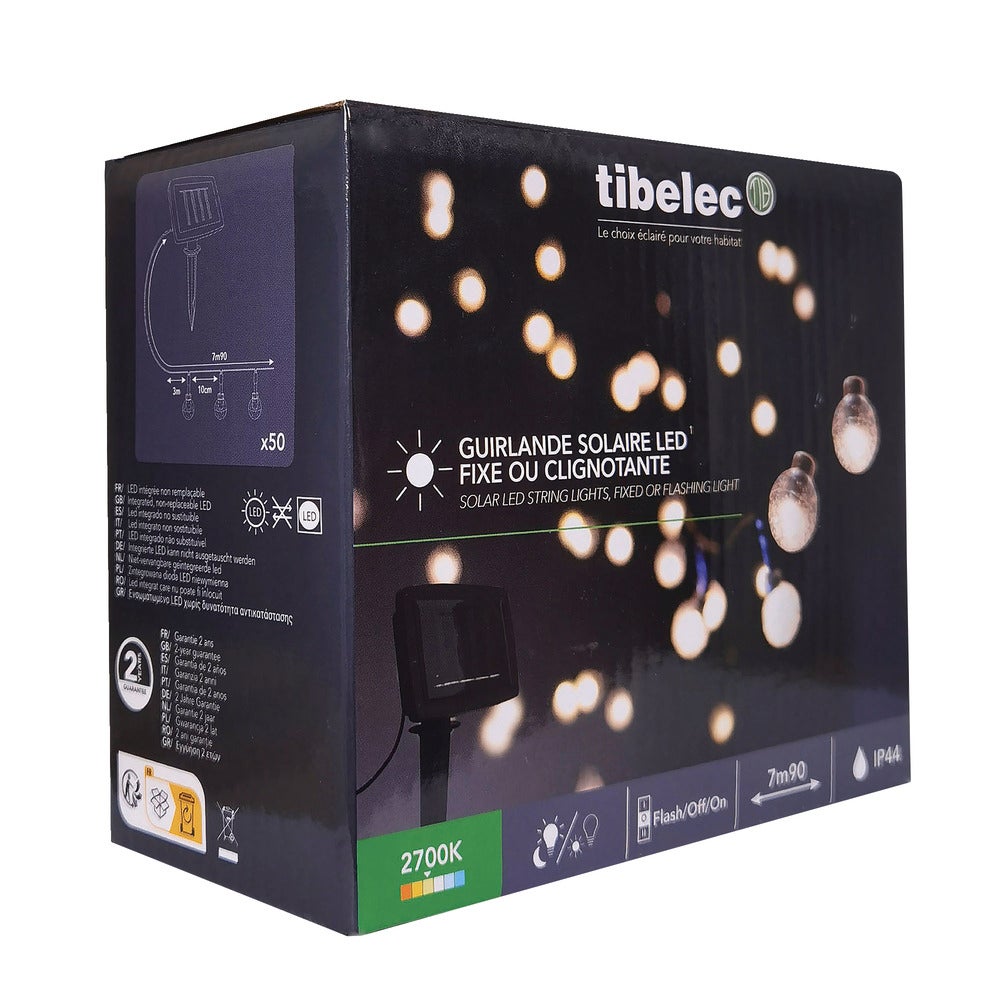 Guirlande Guinguette Solaire LED 7.9m, 50 ampoules, 2700K Blanc-chaud, IP44, crépusculaire - Tibelec - 6