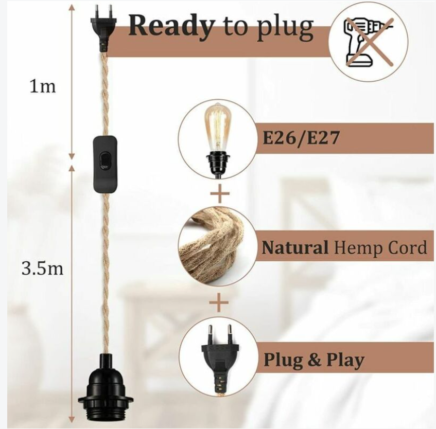 2 paires de câbles de ficelle de lustre 4,5 m, interrupteur de douille E27 avec cordon de câble d'ampoule pour lustre bricolage lustre industriel doui - 3