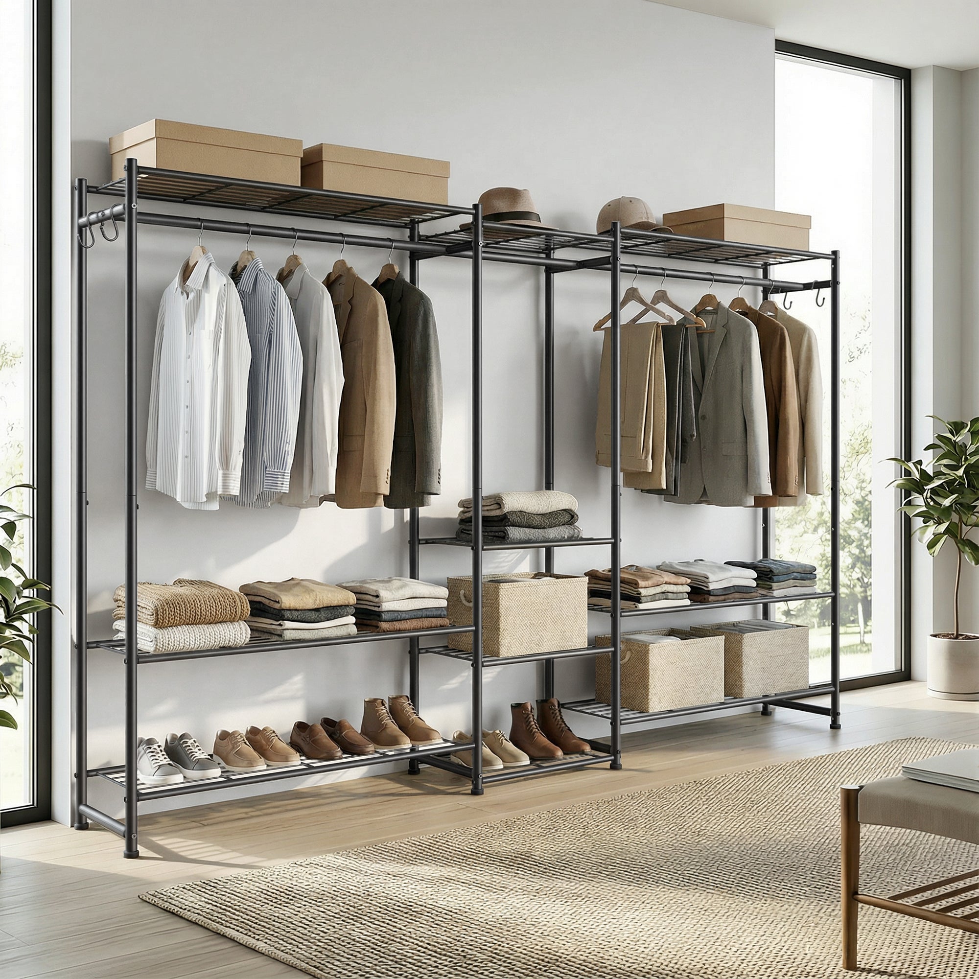 Portemanteau Métallique Ouvert, Armoire avec 3 Tringles et 10 Étagères, pour Chambre, Entrée, Noir - 2