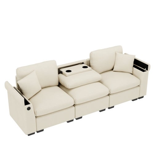 Canapé 3 places moderne - avec coussins et table pliante - comprend des ports USB et un porte-gobelet - beige - 7