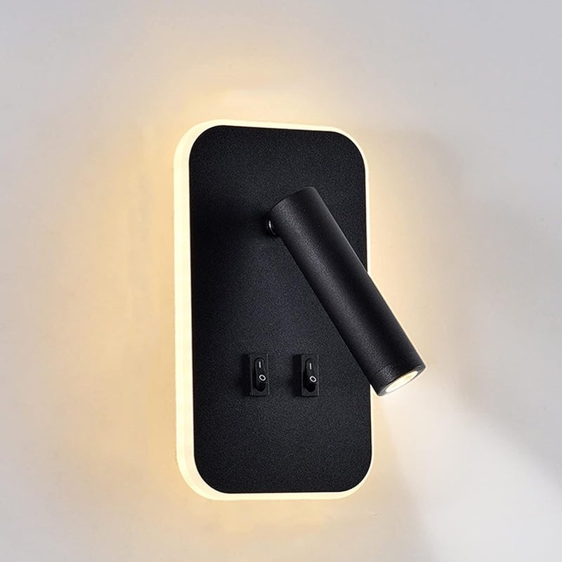 Kinkiet LED, lampka nocna, kinkiet LED 11W, regulowany reflektor (3W + 8W, ciepłe światło 3000K) (czarny prostokąt)