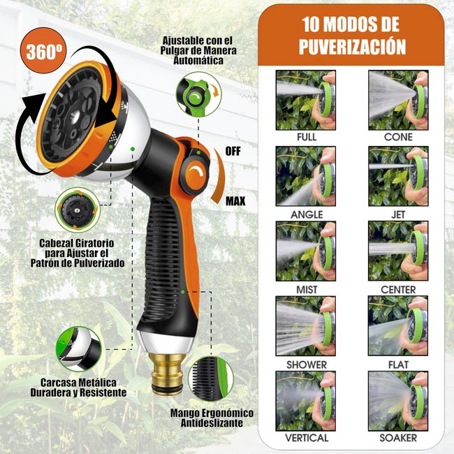 Tubo Da Giardino In Metallo 15m Con Ugello 10 Funzioni – Antigroviglio, Leggero E Resistente Fino A 550 PSI