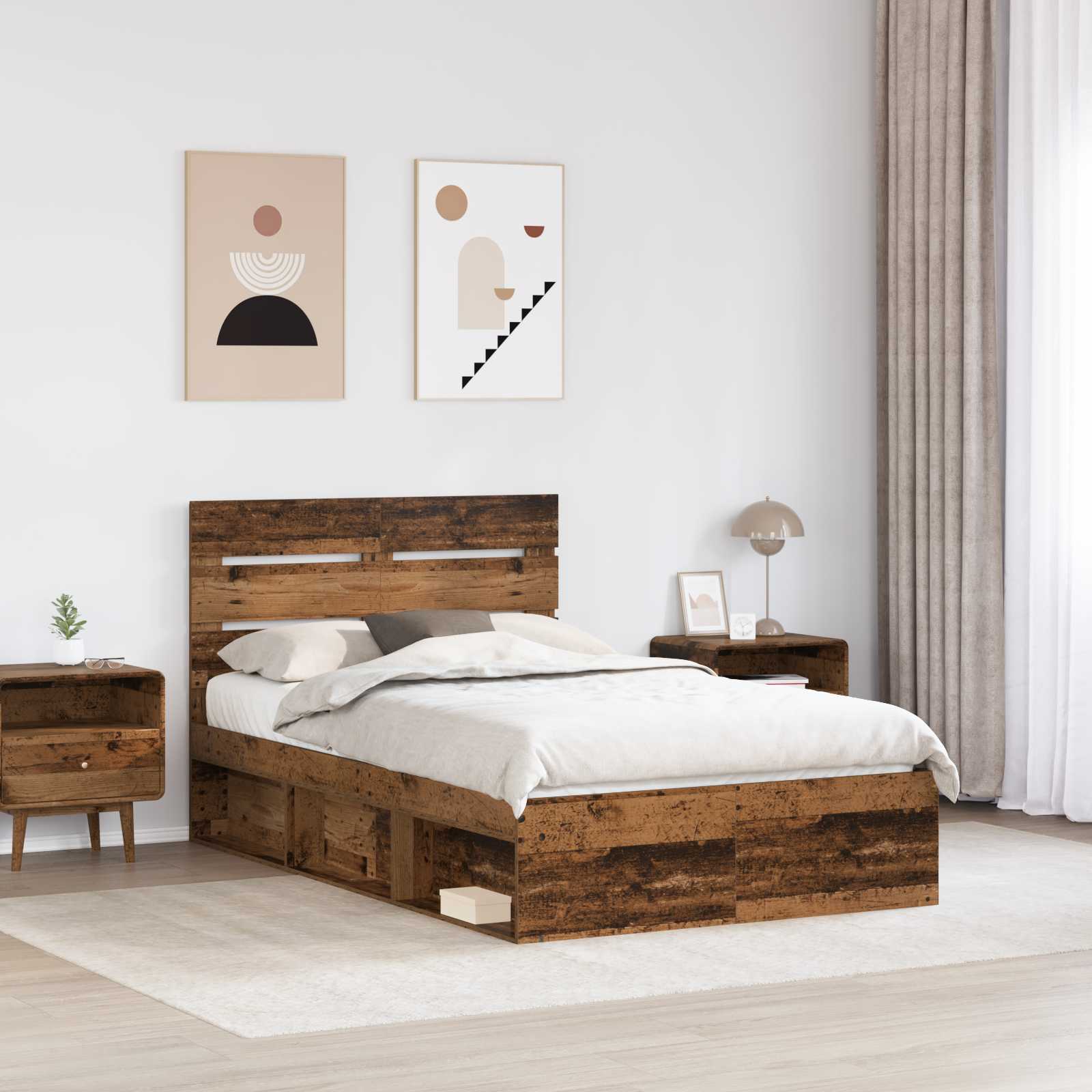 Cadre de lit, finition bois ancien, en bois de pin massif, pour la chambre, 135 × 190 cm - 3