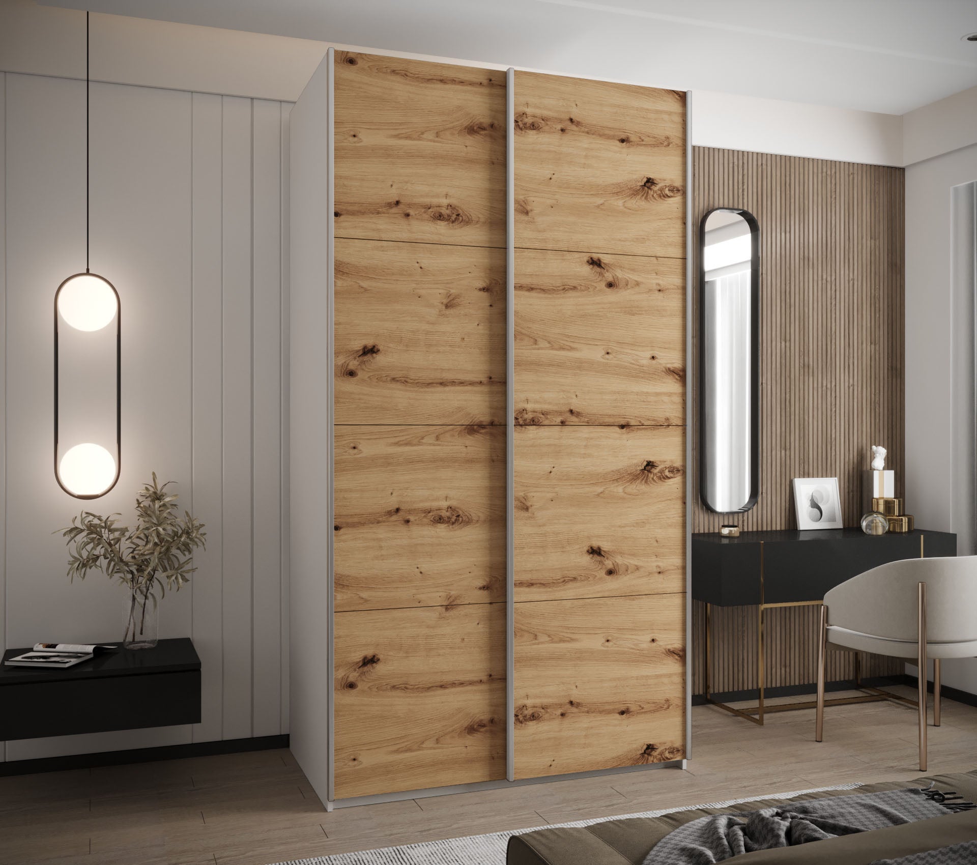 Szafa przesuwna wysoka Lux 1 130 x 64 x 245,5 cm biały + artisan + u. srebrny - Abiks Meble - 2