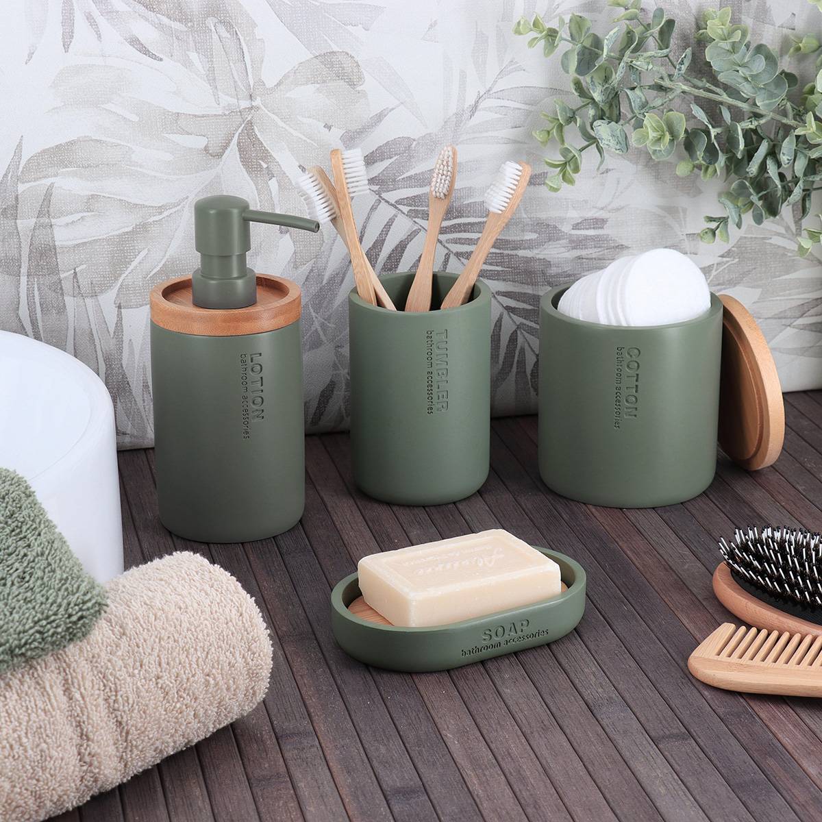 Boite a coton polyresine couvercle bambou - kaki /bambou - Tendance - 5