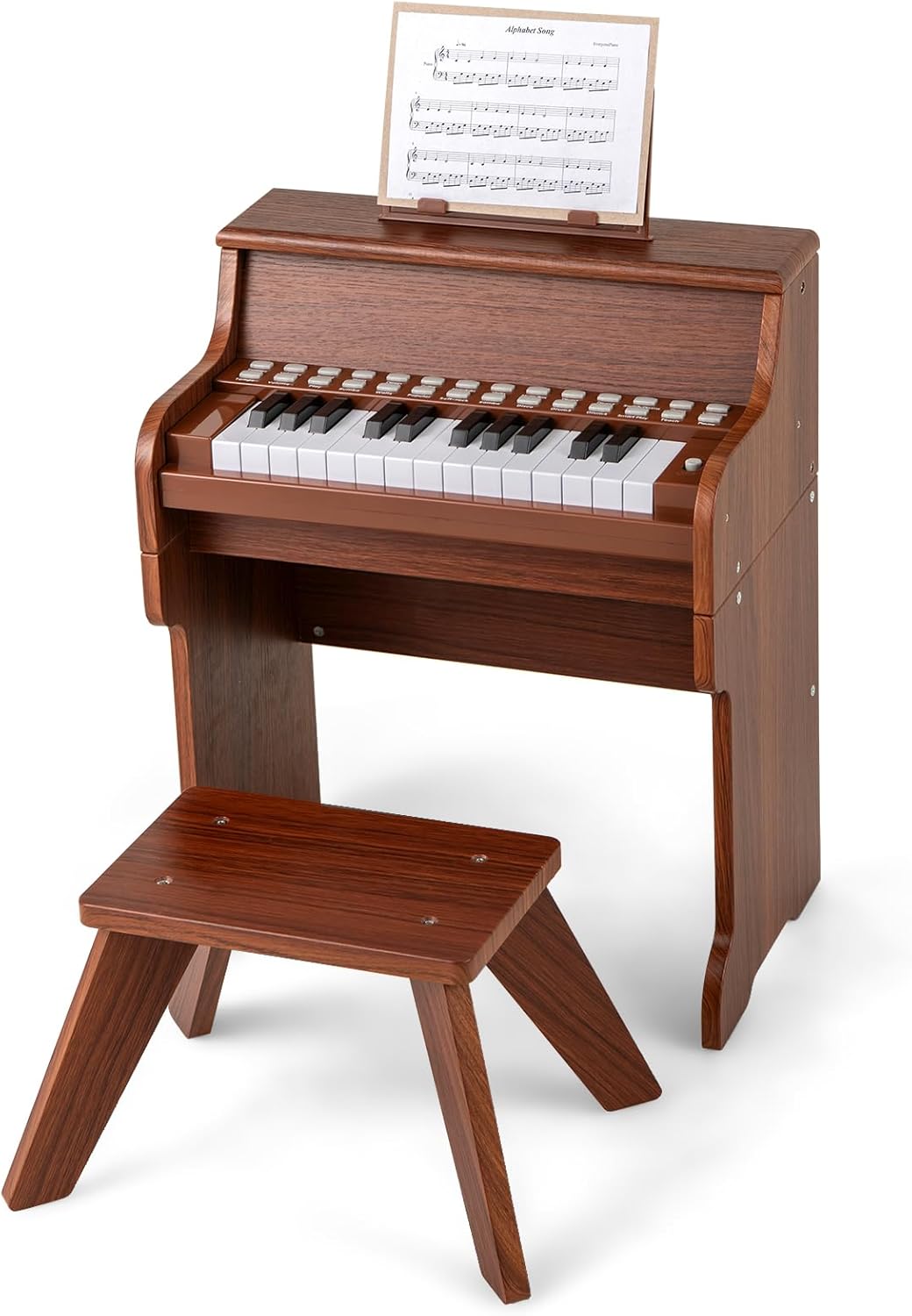 Klavier dla Dzieci z Taboretem, Cyfrowy Fortepian z 25 Klawiszami i Pulpitkiem, Tryb Nauki, Regulowana Głośność/Prędkość (Brązowy)