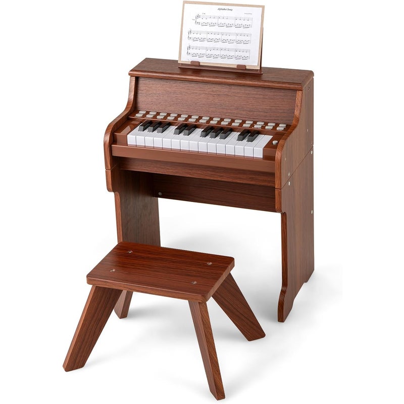 Klavier dla Dzieci z Taboretem, Cyfrowy Fortepian z 25 Klawiszami i Pulpitkiem, Tryb Nauki, Regulowana Głośność/Prędkość (Brązowy)
