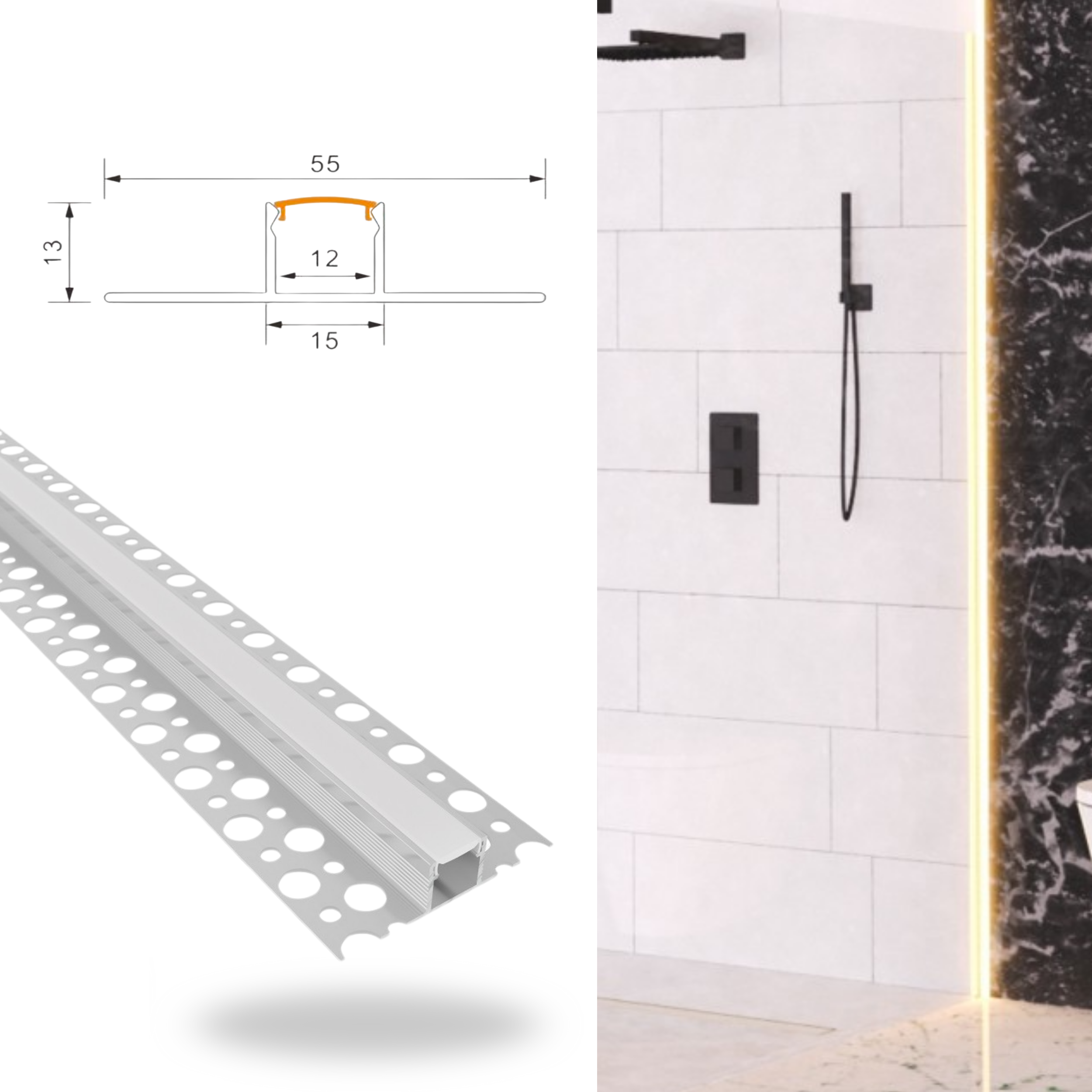 Profil de carrelage céramique avec canal d'éclairage à leds 2m Barres à leds encastrées + couvercle lumière continue (plat) - 3