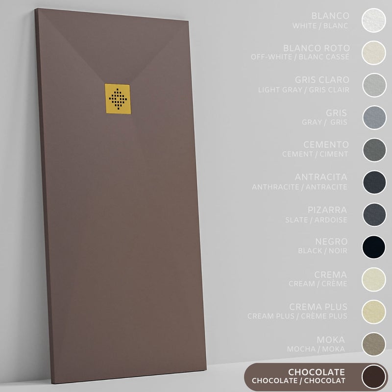 SOULHOME Brodzik prysznicowy– Żywica– Gel Coat– Gładka/Kamienna tekstura – Antypoślizgowy – czekoladowy – 70X70- Niski 3 cm– Ruszt Złoty