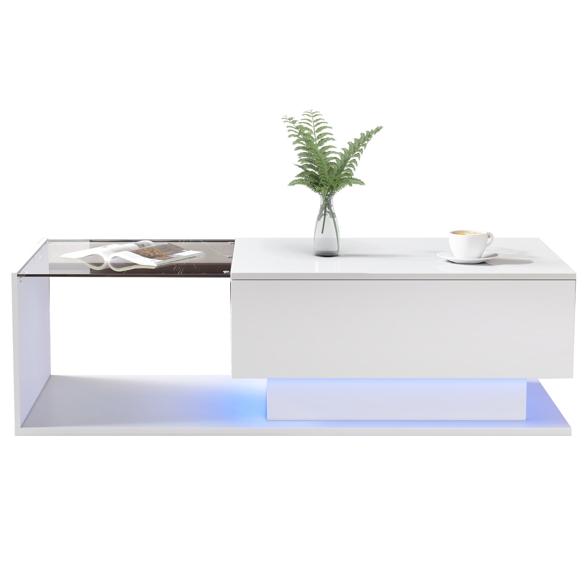 Table basse avec grand tiroir - 100x50x32 cm - LEDs - plateau en verre - Panneaux de particules - Blanc brillant - 9