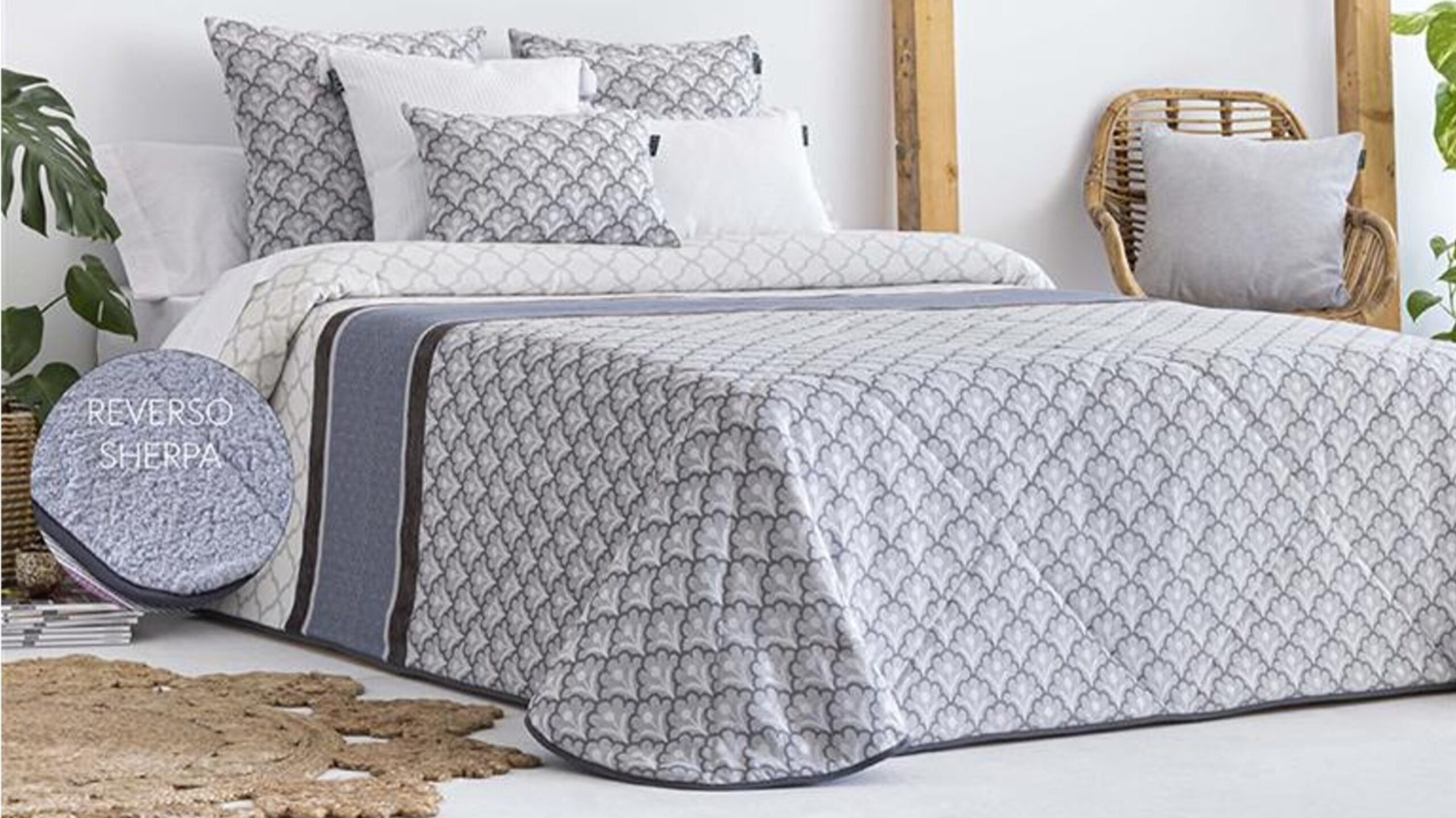 Edredón jacquard con revestimiento borreguito sherpa luarca gris para cama de 105 cm