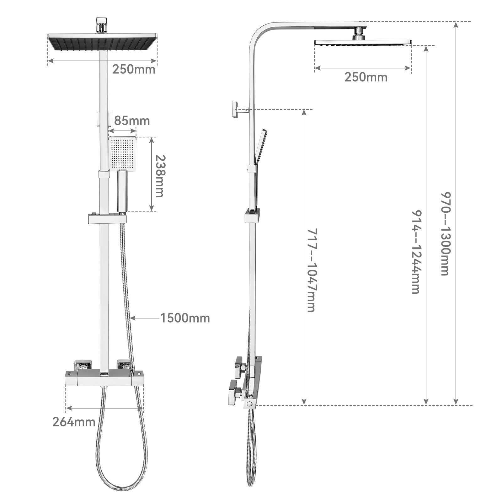 Columna ducha con mezclador termostático de latón,cabezal de ducha cuadrado 25x25 cm,barra acero inoxidable,altura regulable de 97 a 130 cm,cromado - 7