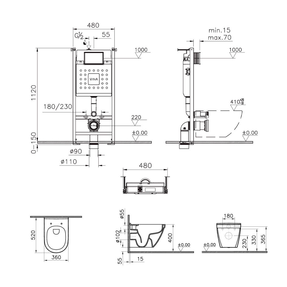 VITRA Pack WC S50 suspendu cuvette carénée et bati support mur porteur avec plaque Blanche - 5