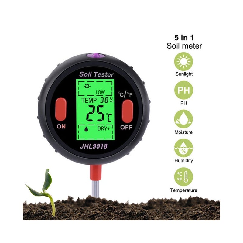Tester gleby 5 w 1, cyfrowy miernik pH, monitor wilgotności gleby, miernik temperatury i wilgotności, tester światła słonecznego, bez baterii, czarny