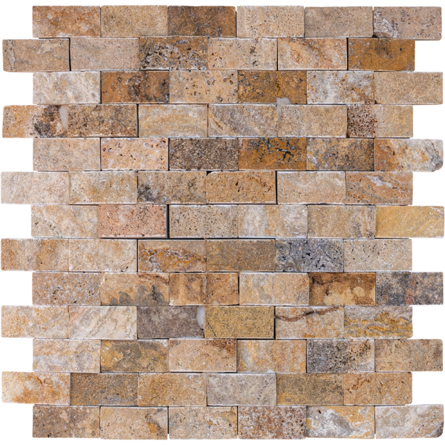 Parement en travertin Scabas Multicolore - 2,3 x 4,8 x 2,2 cm - Vendu par filet de 30,5 x 30,5 cm - C-NEGOCE