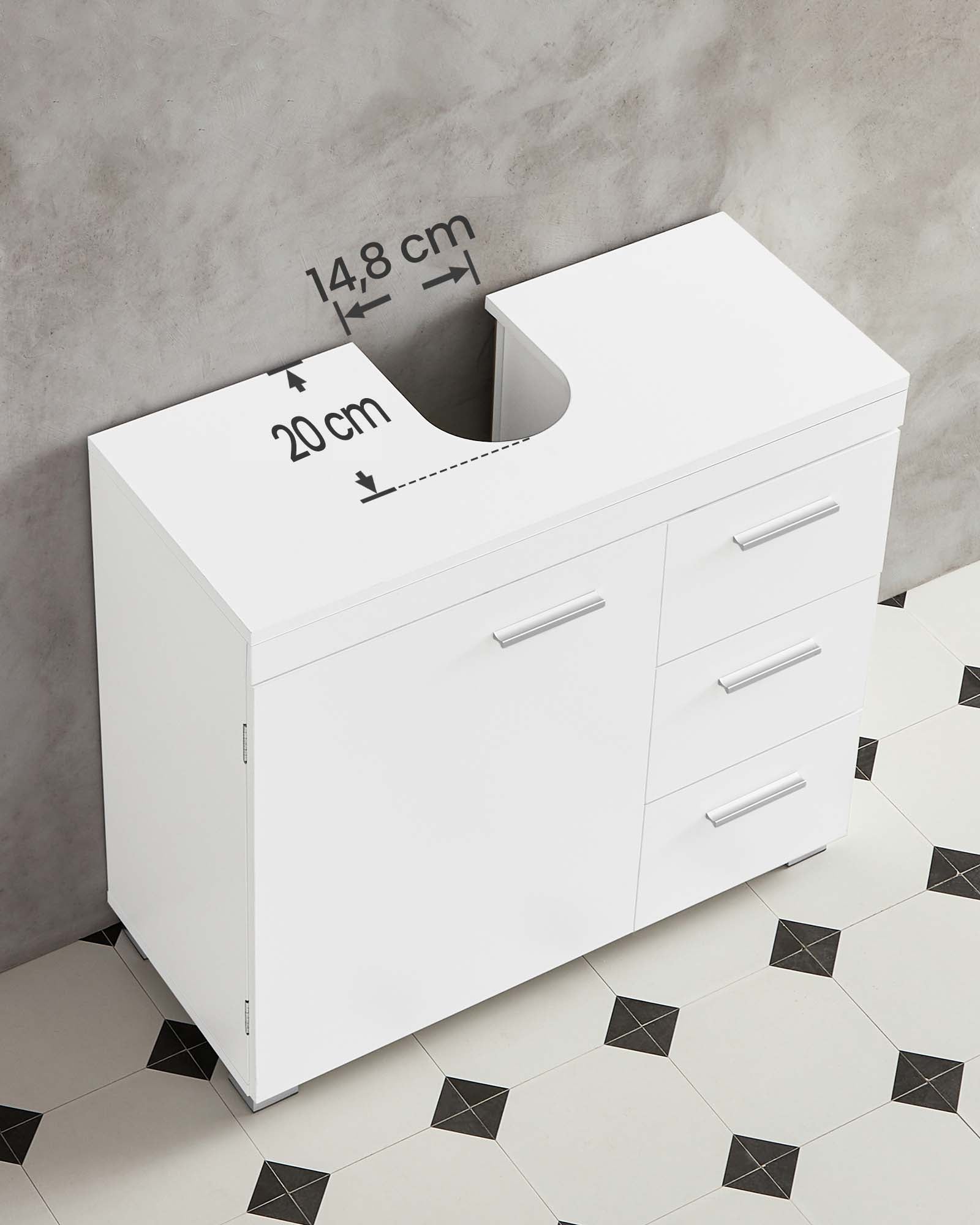 Meuble Sous Lavabo, 3 Grands Tiroirs, 2 Compartiments Derrière Porte, 70 x 30 x 64 Cm, Blanc - 4