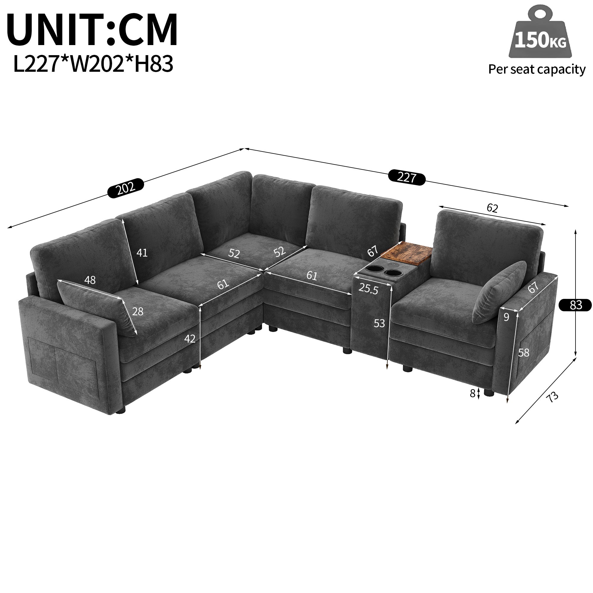 Canapé d'angle 5 places, avec console, ports USB et porte-gobelets, espace de rangement, canapé modulaire en forme L, Canapé nuage avec console, gris - 8