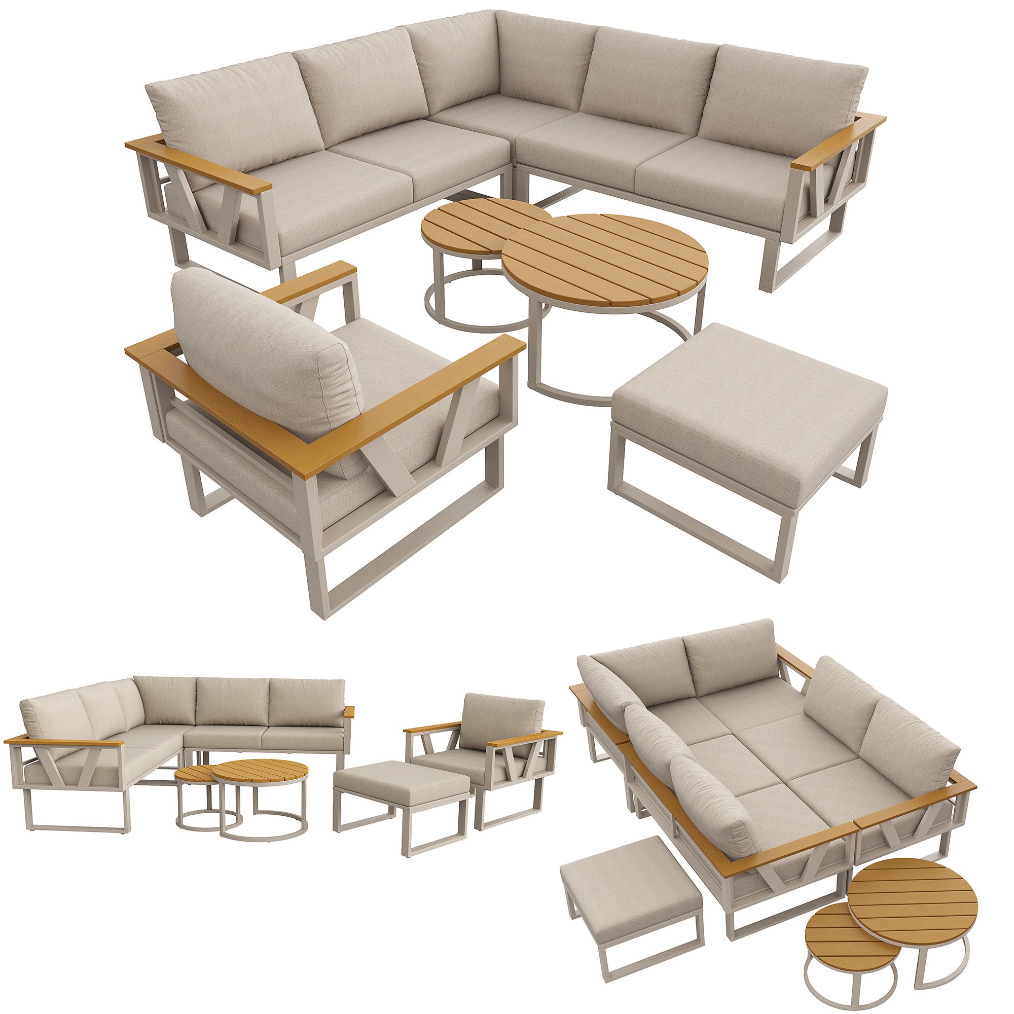Salon de jardin modulable en fer 6 places : 1 canapé 3 places + 1 canapé 2 places + 1 fauteuil + 1 tabouret + tables basses gigognes - Beige - 8