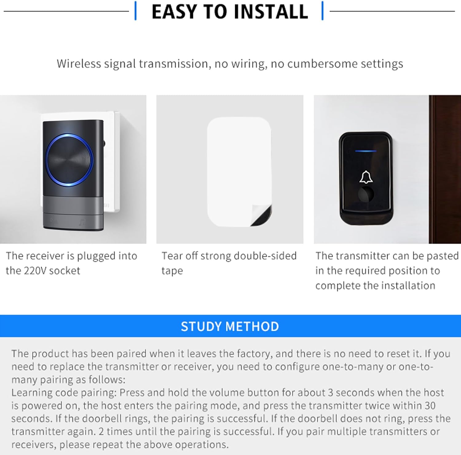 Sonnette Sans Fil, IP44 Exterieur Etanche Carillon 400 Mètres, 52 Mélodies et 4 Niveaux Volume, Kit de Carillon avec Récepteurs Enfichables, Voyant - 7