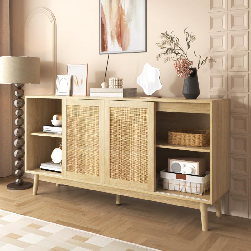 Sideboard 155x38x80 cm avec 3 Portes Coulissantes en Rattan Naturel et 2 Tiroirs, Design Respirant, Stable et Polyvalent - 3