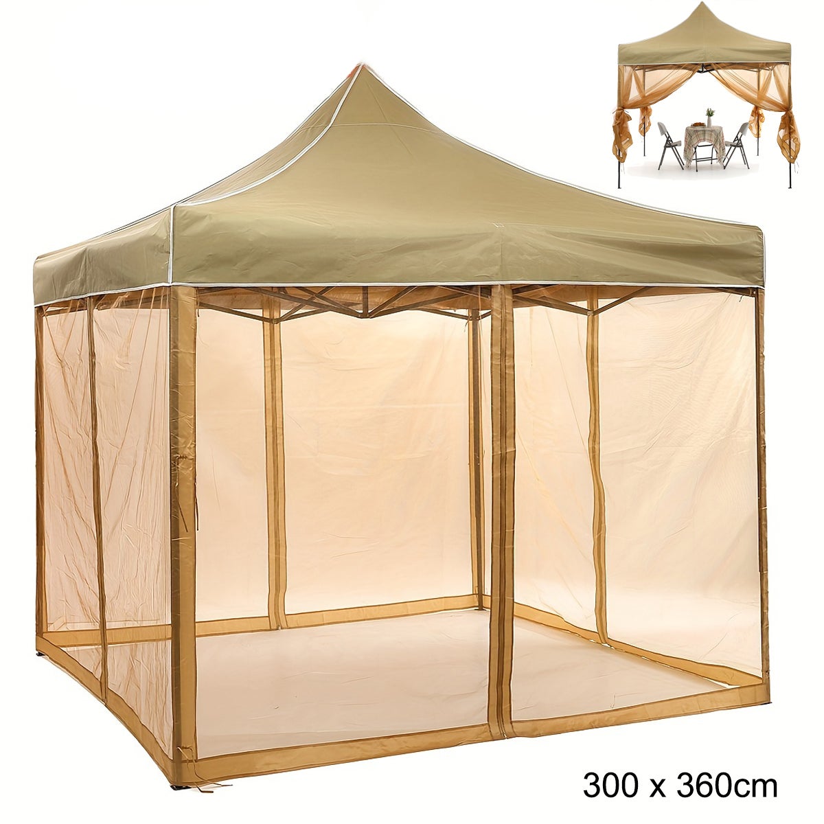 Moskitiera do altany – siatka na pergolę z 4 panelami zapinana na zamek błyskawiczny, ochrona zewnętrzna przed owadami, 300 x 360 cm, brązowa