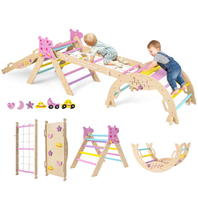 7 en 1 Triangle Arche Montessori d'Escalade pour Enfants avec avec Toboggan Bois Rampe Échelle Réglable Multicoloré/Naturel 7 en 1 Triangle Arche Montessori d'Escalade pour Enfants avec avec Toboggan Bois Rampe Échelle Réglable Multicoloré/Naturel