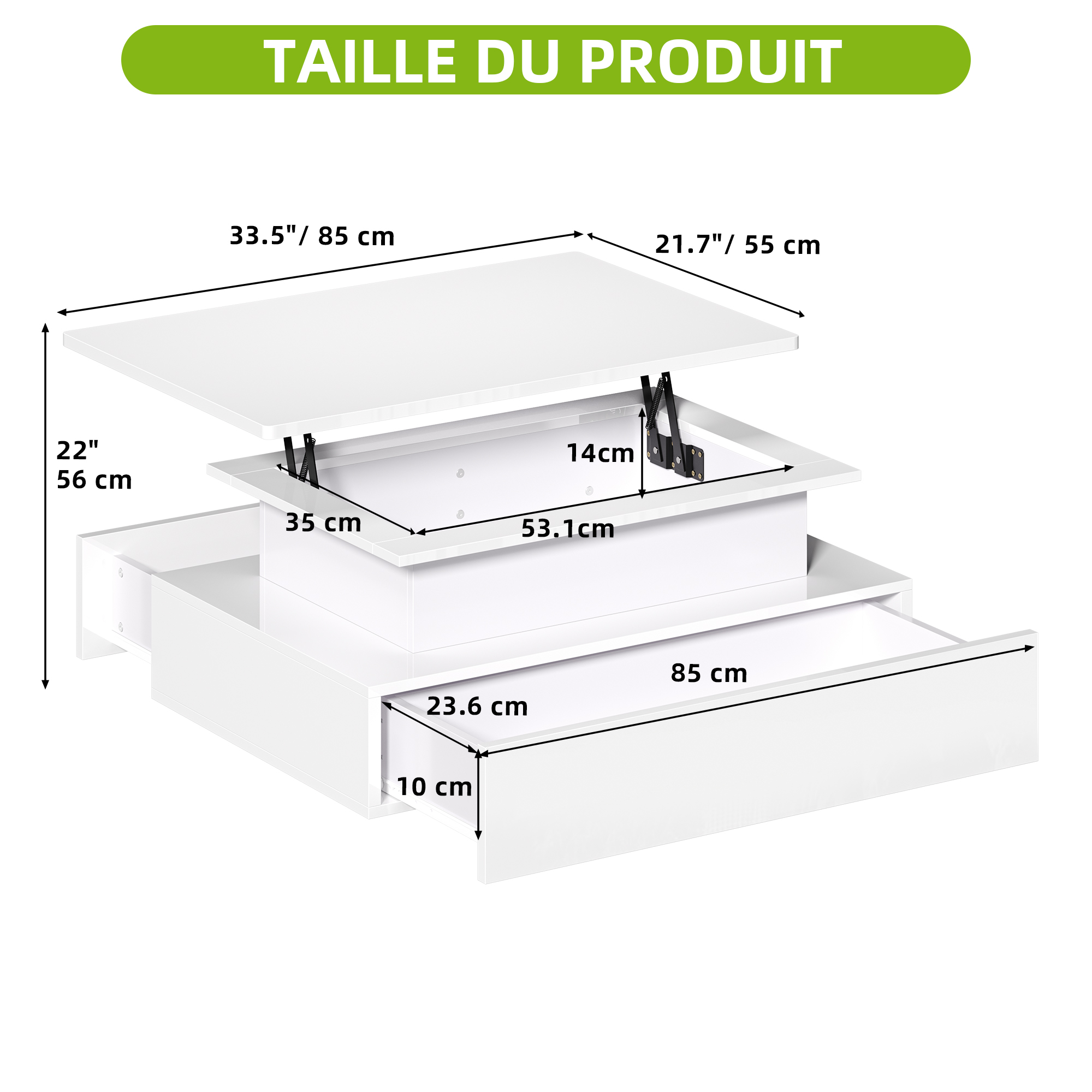 Balconera Table basse- Éclairage LED-2 tiroirs de rangement-85 x 55 x 56 cm- Blanc - 4