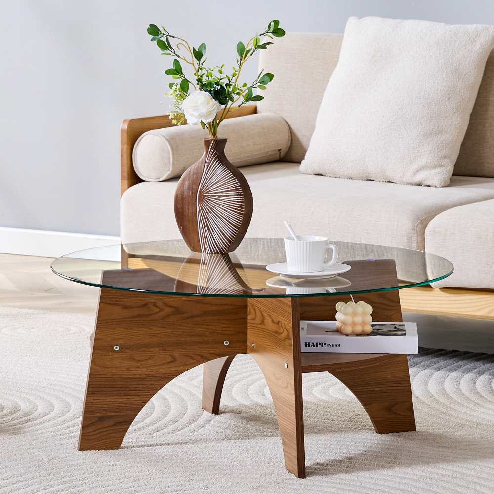 Okrągły stolik ze szkła hartowanego Ø80 cm, nowoczesny design, stabilna wachlarzowa podstawa, nogi MDF w kolorze orzecha do salonu, jadalni i biura