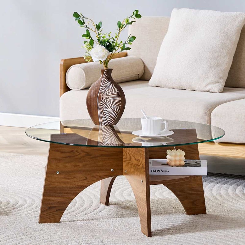 Okrągły stolik ze szkła hartowanego Ø80 cm, nowoczesny design, stabilna wachlarzowa podstawa, nogi MDF w kolorze orzecha do salonu, jadalni i biura