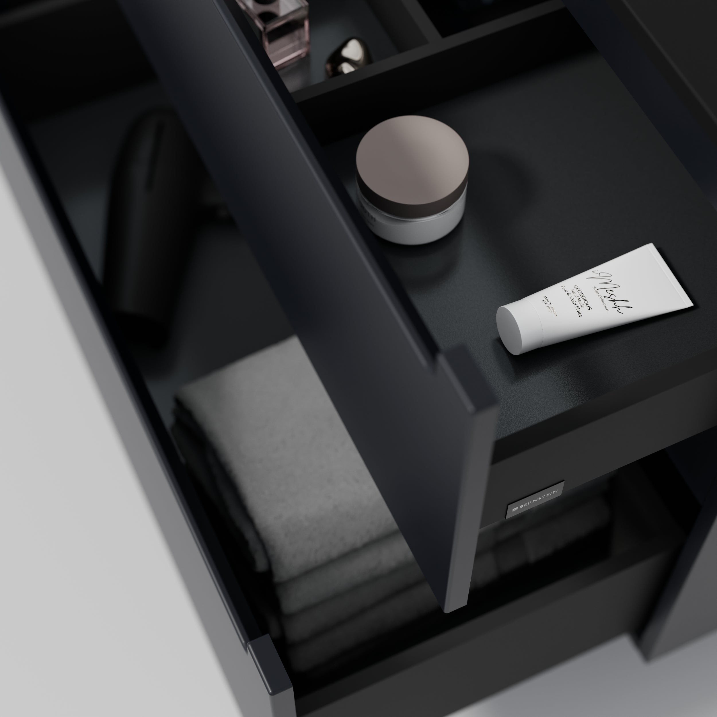 BERNSTEIN - Meuble double vasque suspendu MDF Bleu nuit mat, lavabos fonte Noir mat + trous robinet, tiroirs pivotants - 160x46x62cm - VIREO - 6