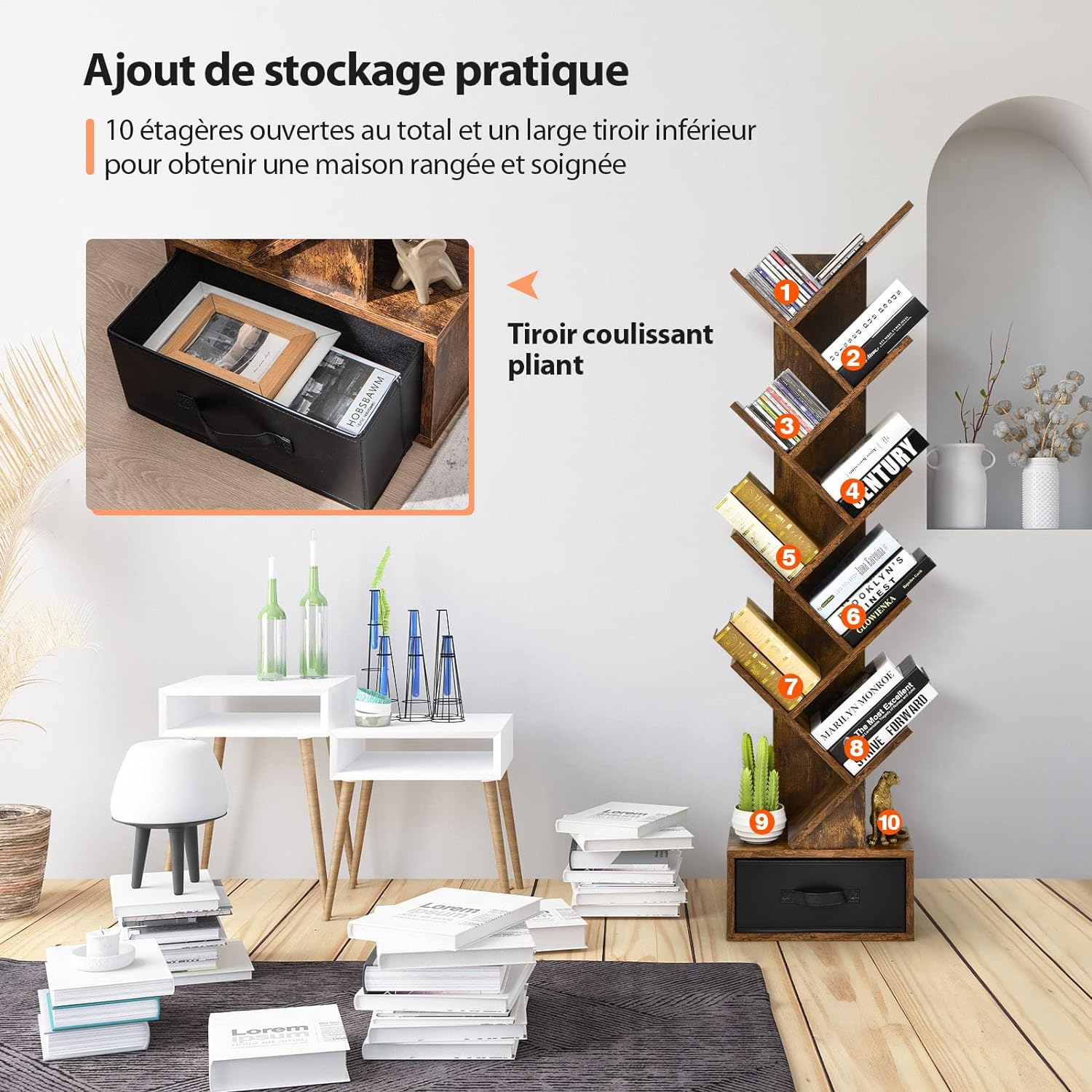 Bibliothèque à 10 Niveaux en Forme Arbre avec Tiroir Tissu Pliable Style Industriel, Bibliothèque pour Salon, Bureau, Chambre, Marron - 3