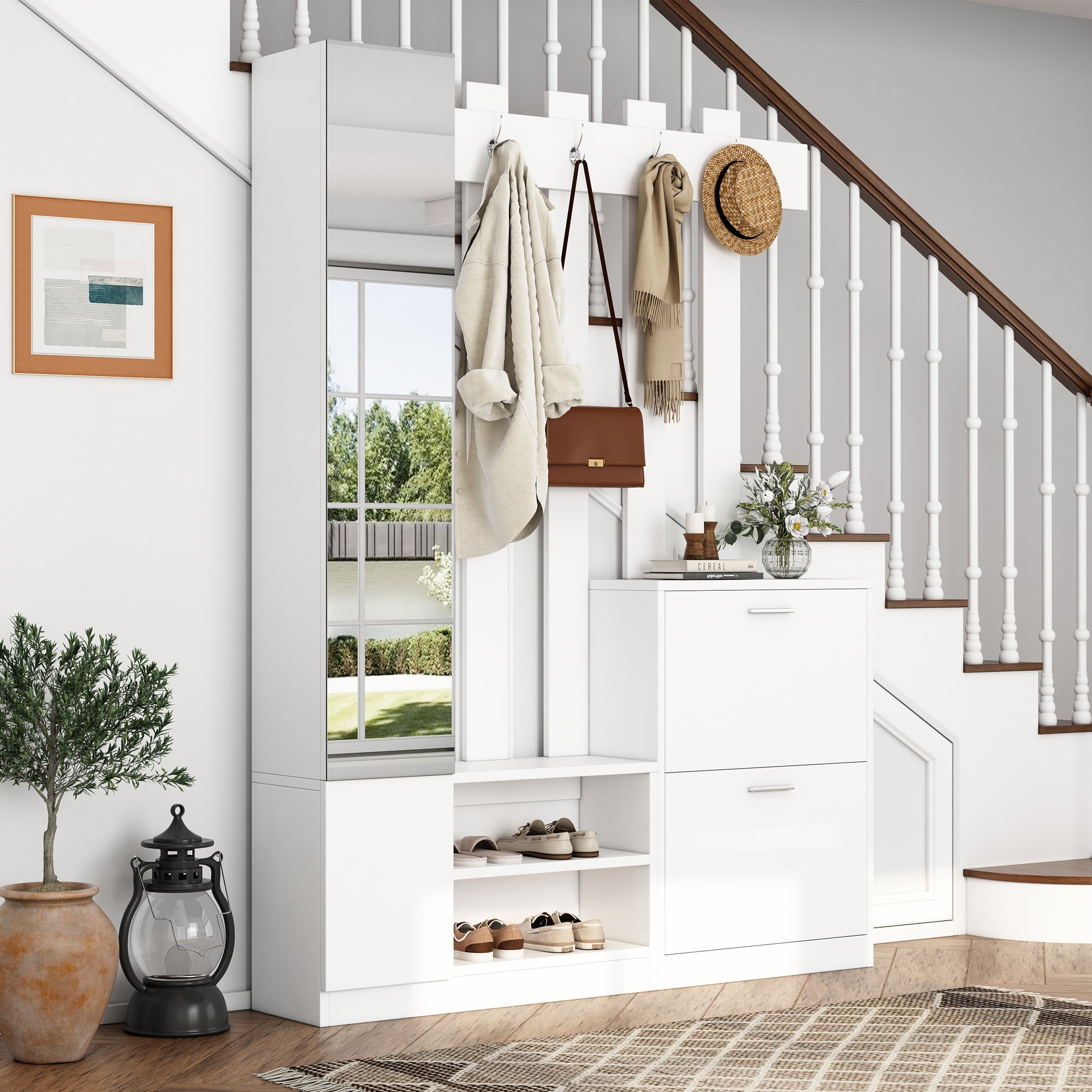 Ensemble meuble à chaussures avec miroir + banc + 2 armoires et penderie - 135 x 25 x 180 cm - Panneau de particules - Blanc - 2