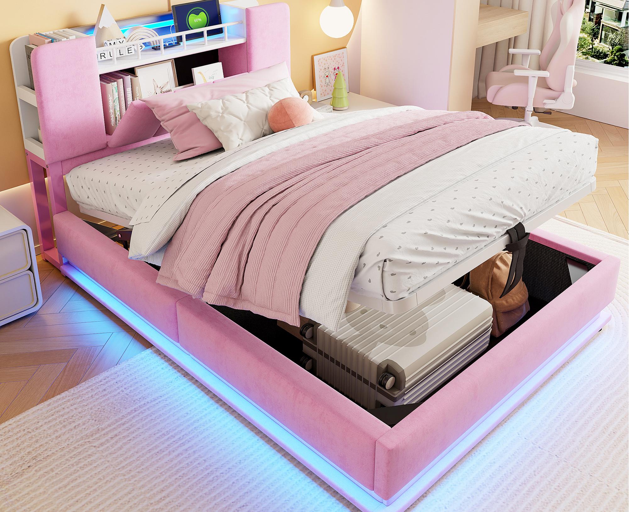 Łóżko tapicerowane ze schowkiem 90x200 cm - z oświetleniem LED - z portem USB - welur - różowy​ (materac nie jest wliczony w cenę)