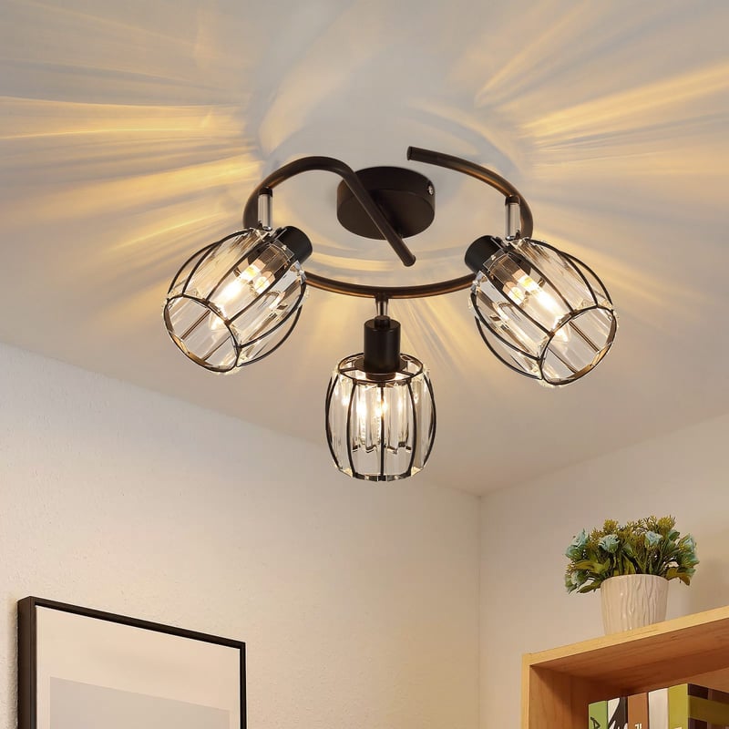 3-punktowy, zabytkowy, czarny kryształowy Reflektorowa sufitowy E14 do korytarza, obrotowy 350°, przemysłowy