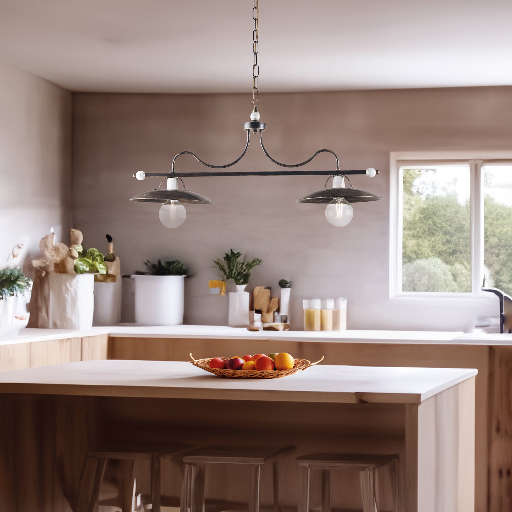 Cave Lustre en fer laqué marron décor or antique et finitions blanches 2 lumières L. 87 X 30 BL234-2-BR - 4