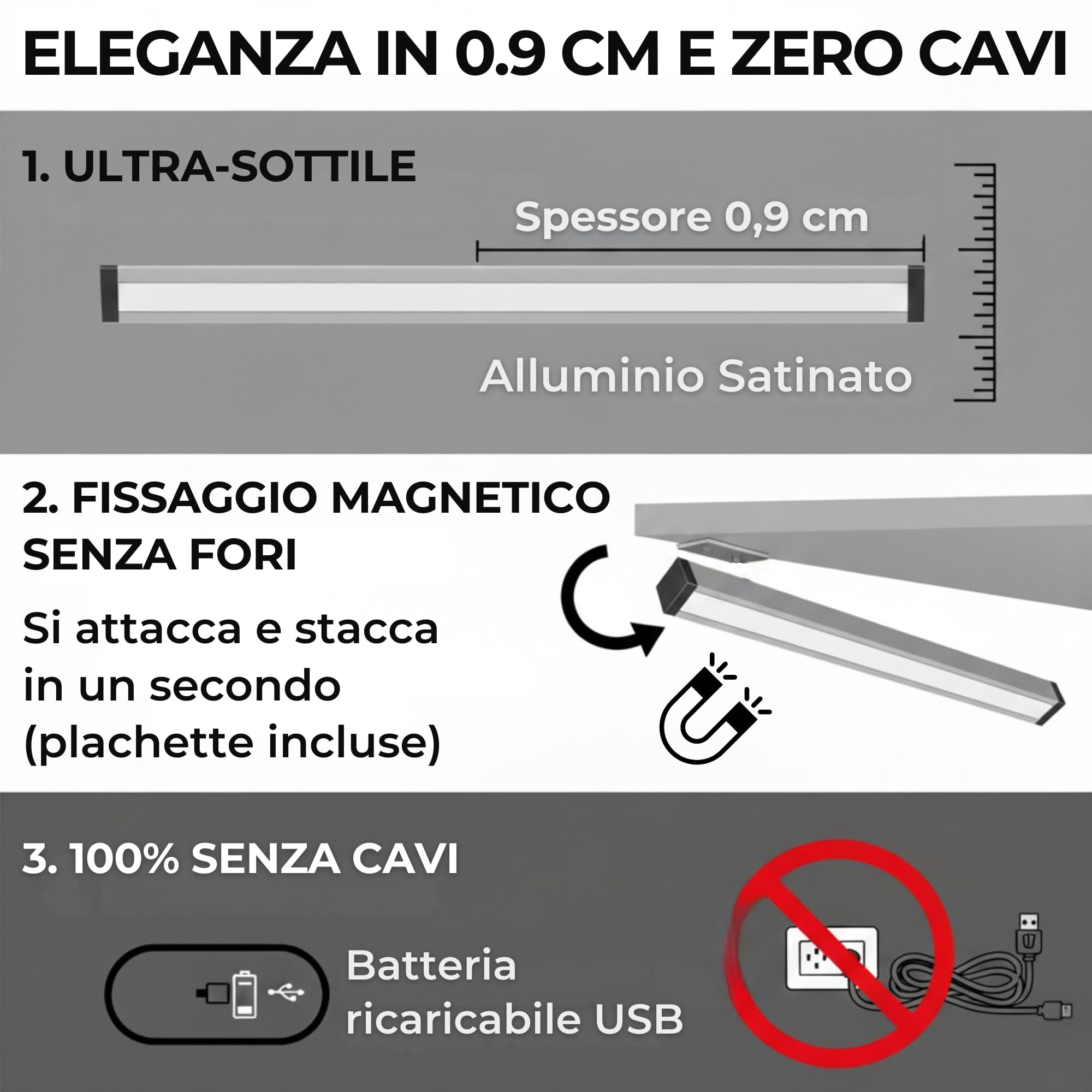HOMPLEMENT Luce LED per Armadio con Sensore di Movimento 40 cm – Barra LED Magnetica Ricaricabile USB e regolabile con 3 Tonalità di Luce - Grigio - 8
