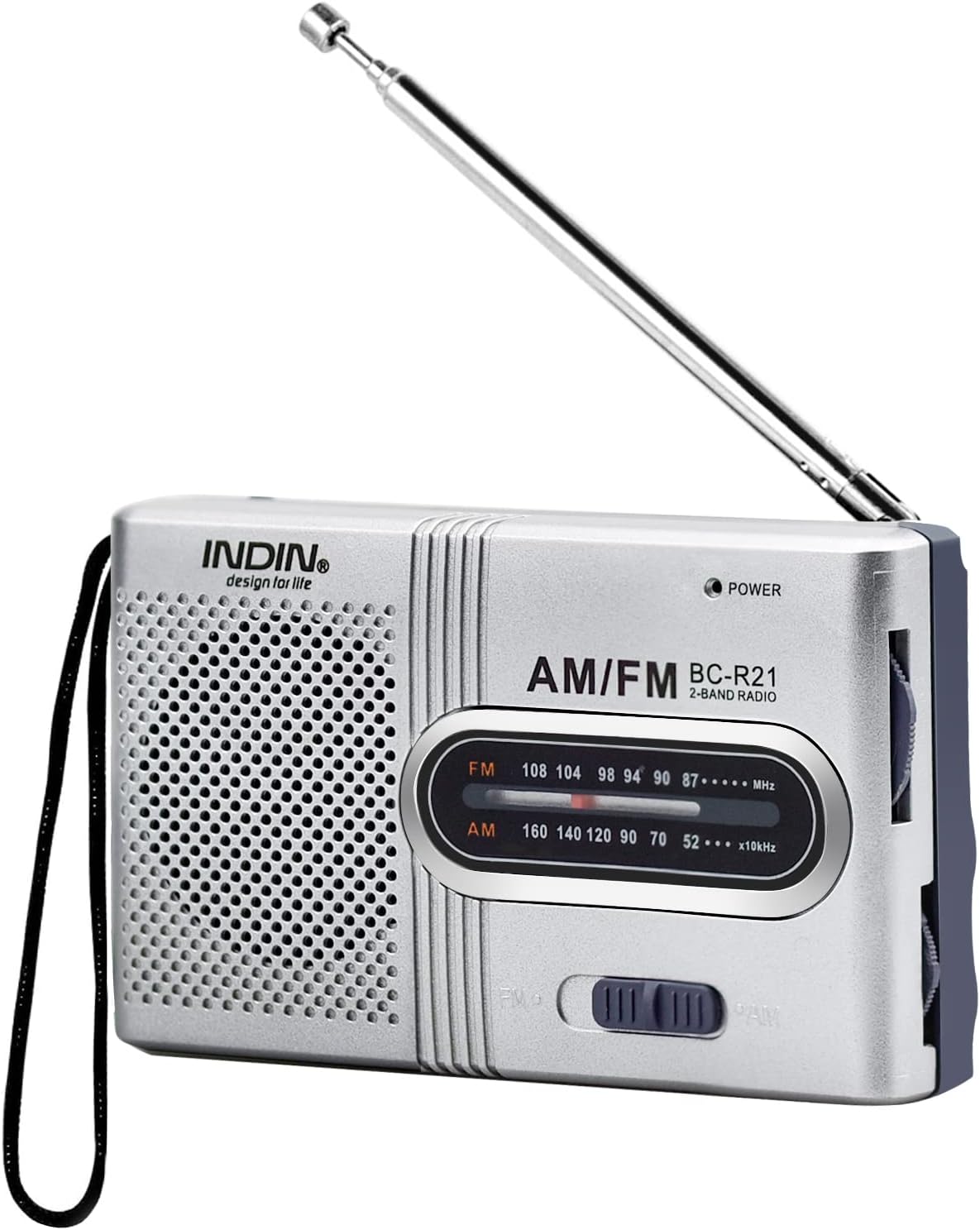 Radio przenośne, małe srebrne radio FM/AM (MW), bardzo duże pokrętło strojenia, mini radio z wbudowanym głośnikiem, zasilane bateryjnie