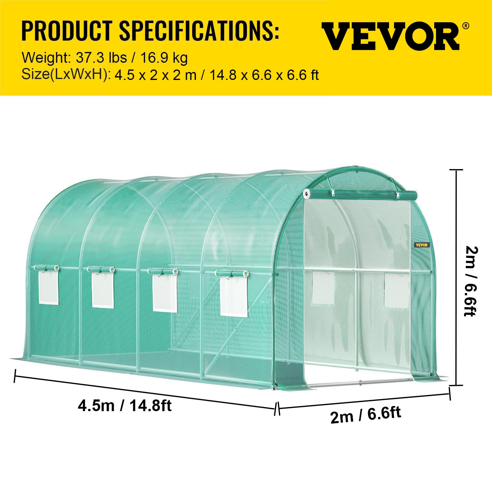 Serre de Jardin Tunnel VEVOR 4,5x2x2 m Bâche PE Renforcée 140 g/m² Armature Acier Galvanisé 8 Ouvertures Latérales Porte Zippée Culture Extérieure - 7