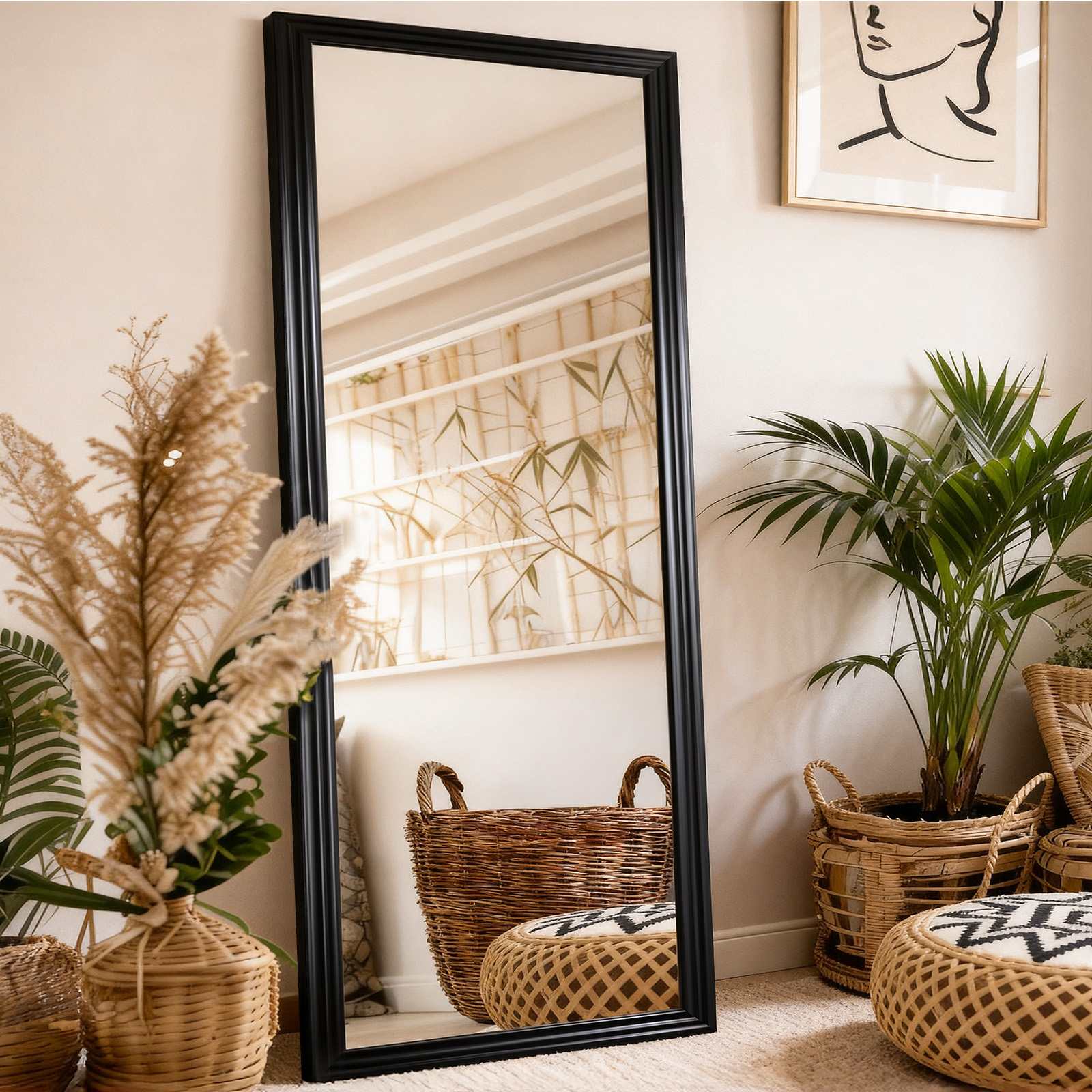 Lustro stojące, kwadratowe, pełnowymiarowe, elegancka drewniana rama, lustro do sypialni, 160x50 cm ze stojakiem, czarne
