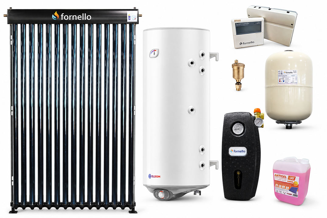 Pachet sistem solar presurizat,Fornello 15 Tuburi Heat Pipe, Boiler eldom cu 2 serpentine 120 litri, controller, vas expansiune, grup pompare, antigel