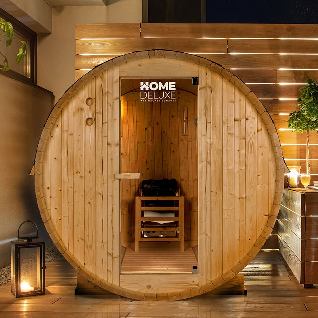 Home Deluxe - Sauna extérieur en tonneau LAHTI L - Dimensions : LxPxH : env. 189 cm x 191 cm x 180 cm, bois : épicéa - avec poêle et accessoires pour