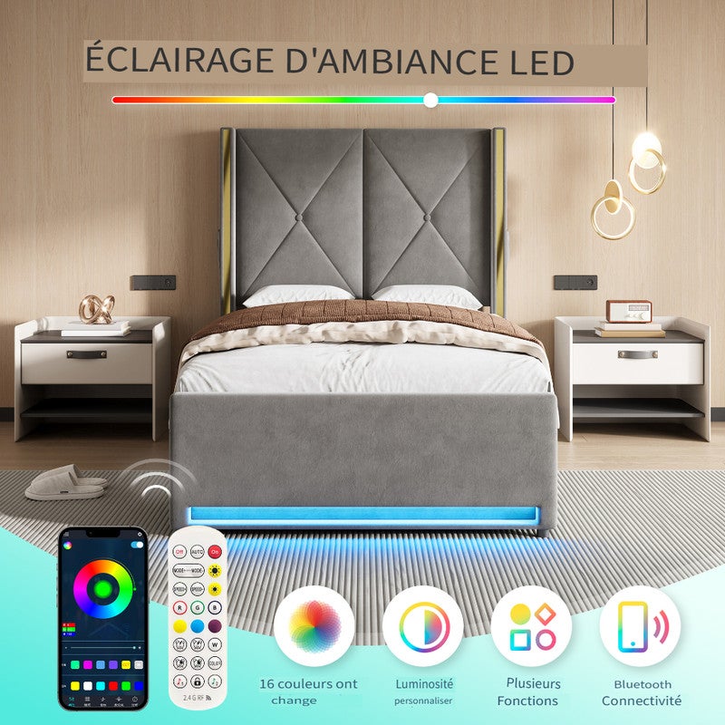 Lit 90x200 avec ports USB et éclairage LED,Lit simple rembourré avec poches latérales,Lit coffre hydraulique,tissu velours,Gris foncé (Sans matelas) - 3