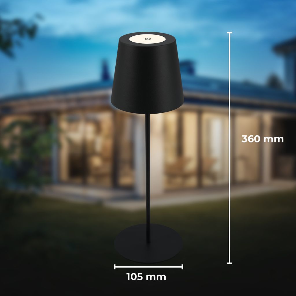 Lampe de table LED rechargeable - IP44 - Touch dimmer 3 niveaux - USB - Noir - 2.700K - autonomie 12h - B.K.Licht - 5