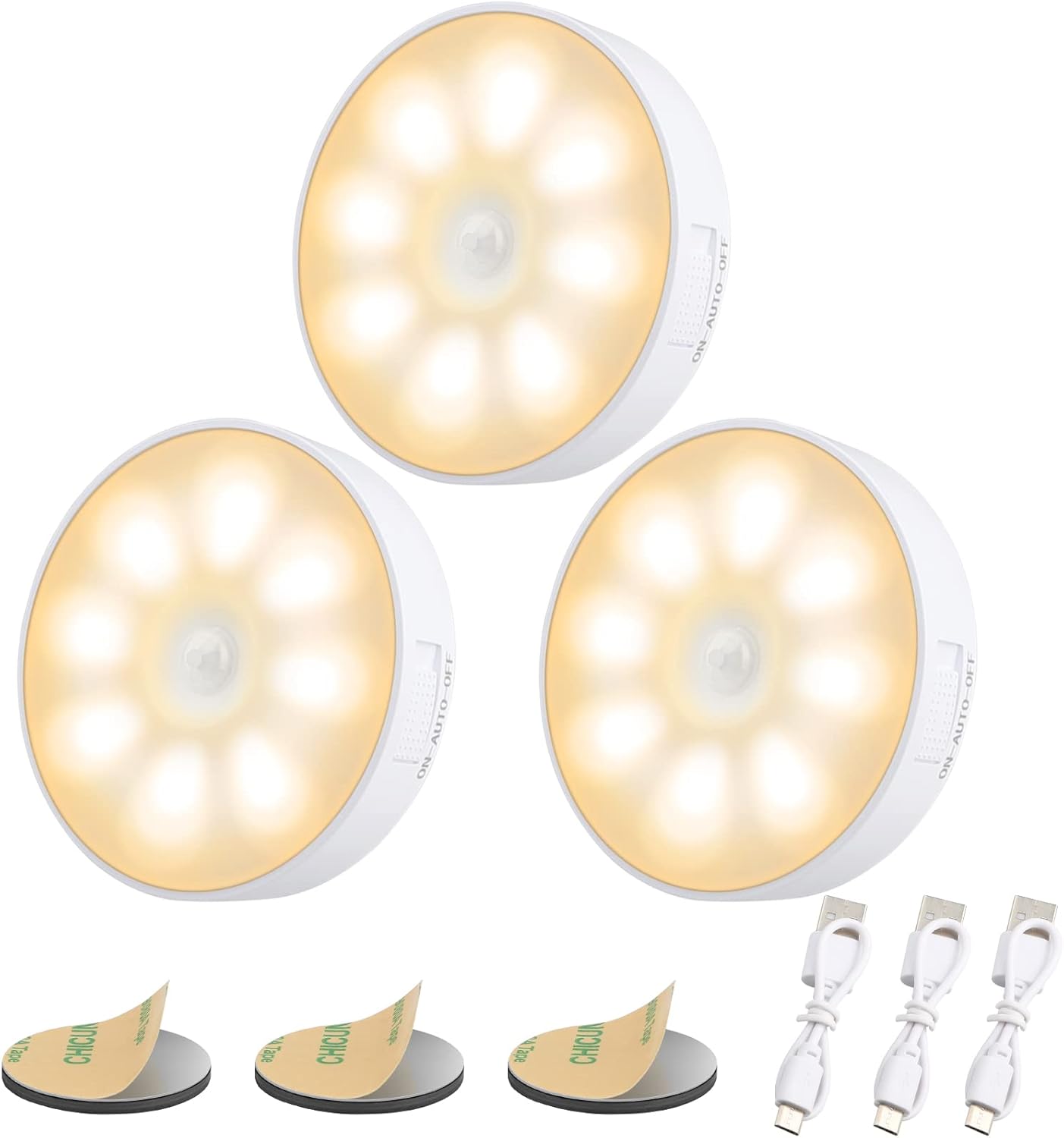 Automatyczna lampka nocna LED ładowana przez USB [zestaw 3], lampka nocna indukcyjna 3000K &amp;8LEDs &amp;400mAh bateria, lampka nocna z czujnikiem ruchu