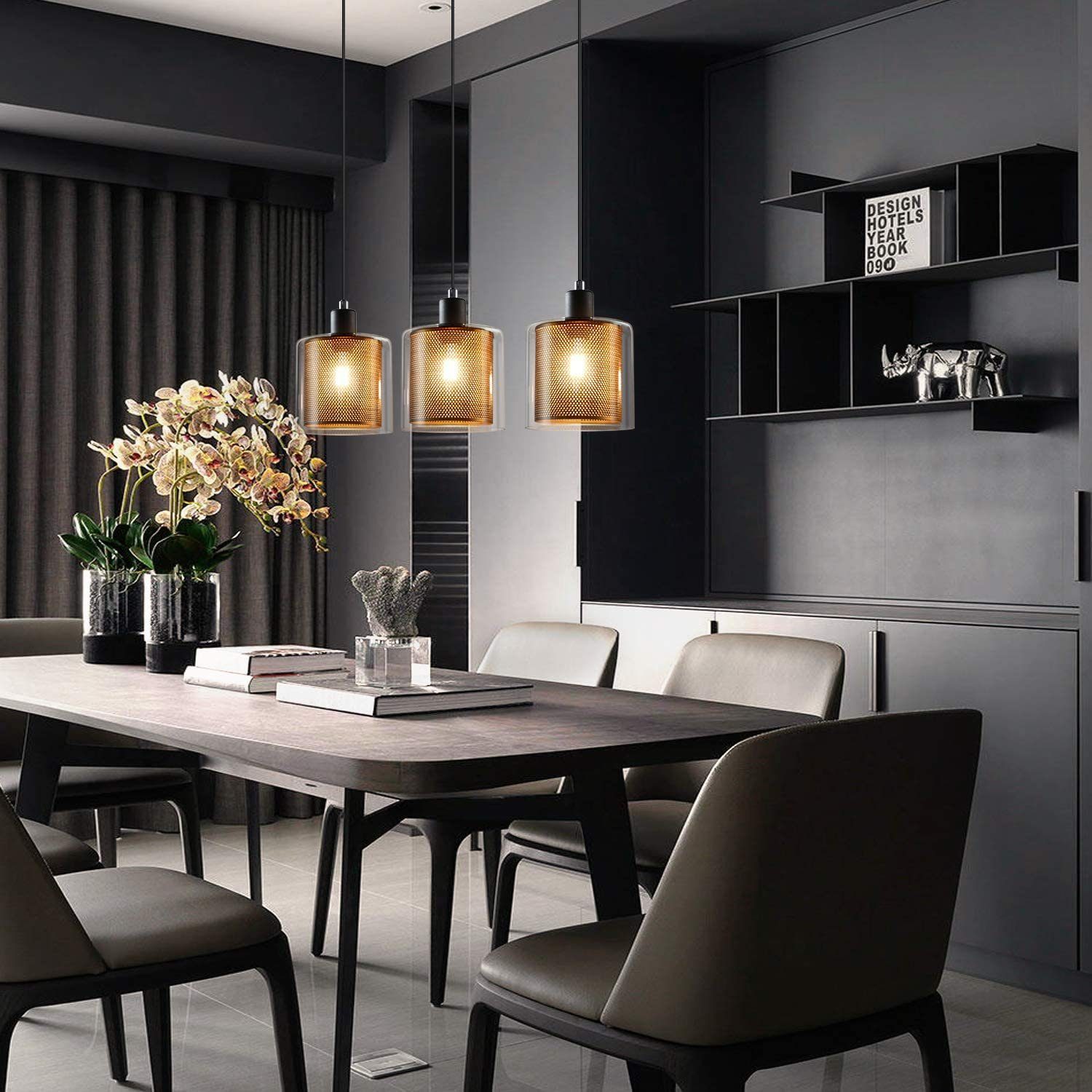 ZMH Suspension Lustre E14 métallique noire et dorée style industriel rétro 3 lampes - 3