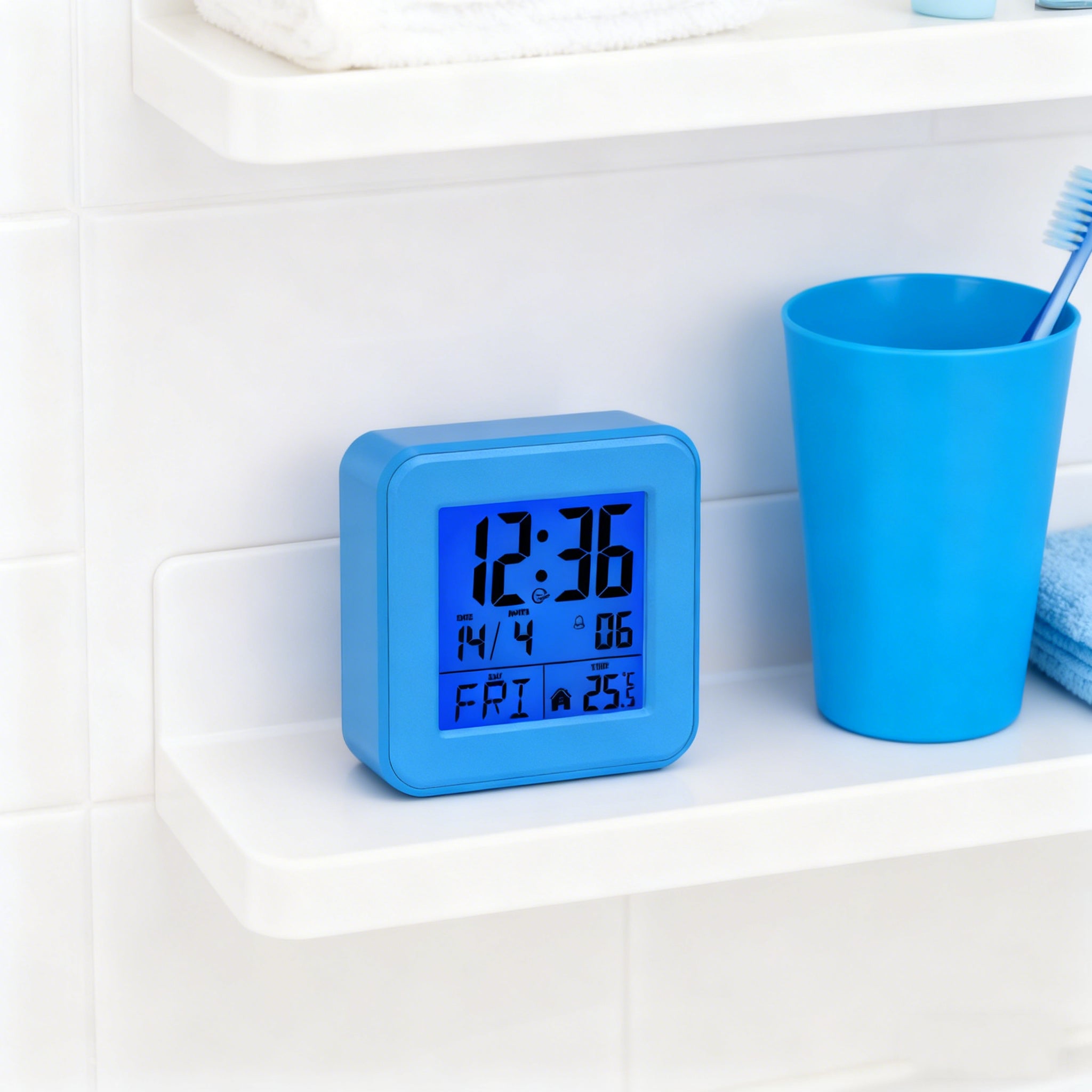 Sveglia atomica digitale con ora precisa radiocontrollata, temperatura, data e snooze, perfetta per camera, stanza bimbi e home office – blu - 4