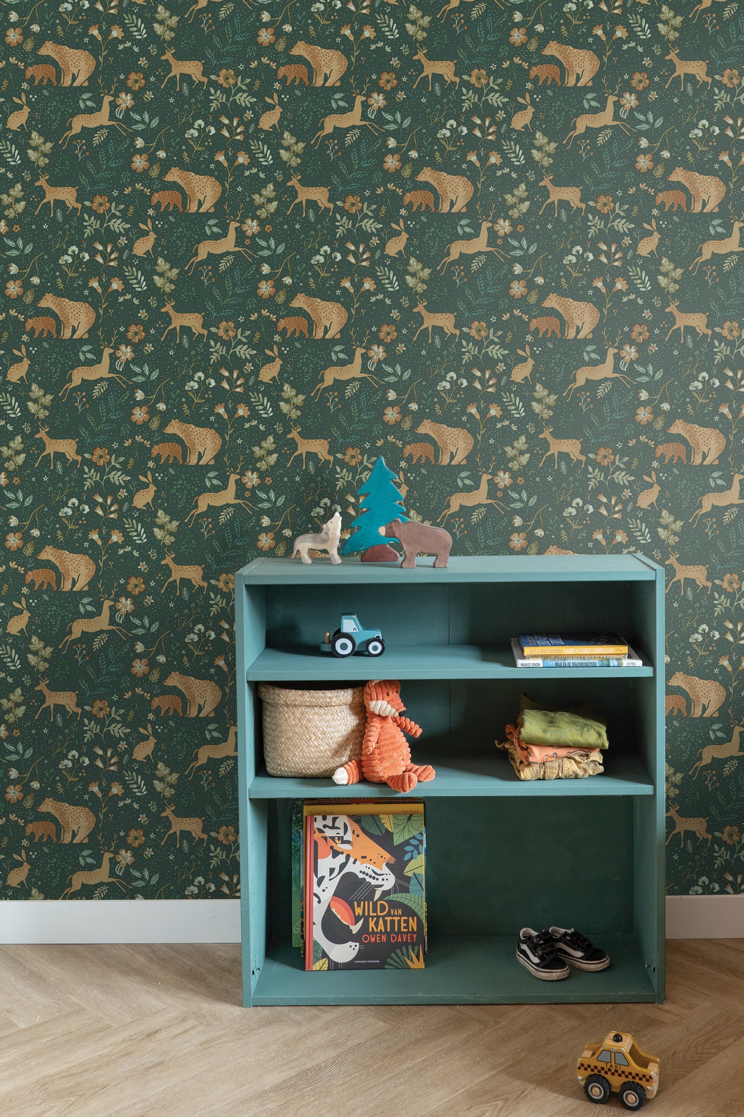 Papier peint forêt avec des animaux de la forêt vert foncé et beige - 53 cm x 10.05 m - ESTAhome - 5