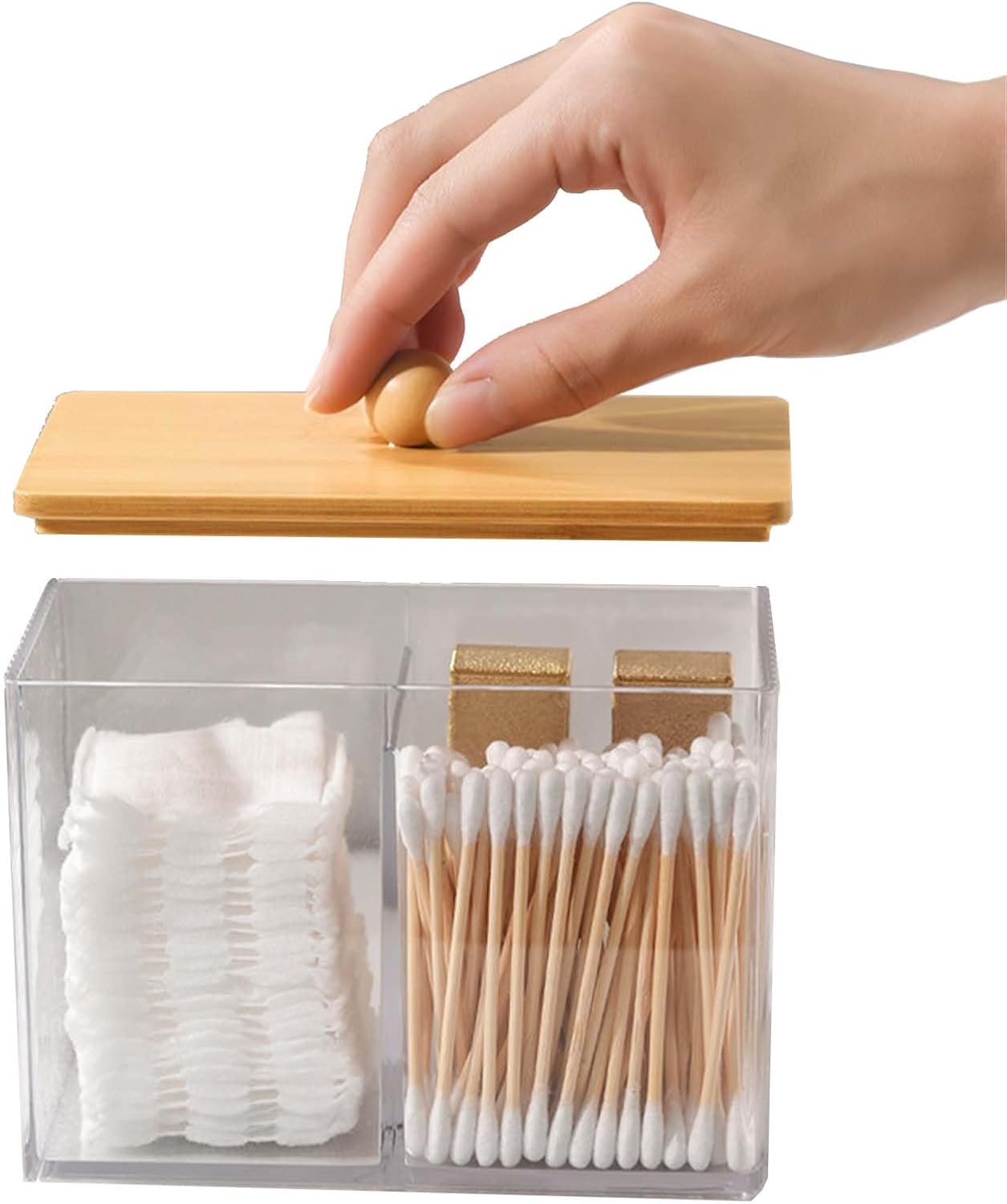 Dispenser Per Cotton Fioc In Acrilico Trasparente Con Coperchio - Porta Bastoncini Cotone Per Bagno, Organizer Da Tavolo Con Base In Bambù
