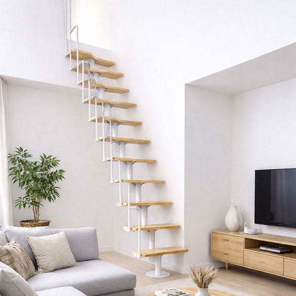 Escalier droit 12 marches - Hauteur à franchir 2.23 à 2.94m - Blanc et hêtre - TWISTER60-I-BH-12 - 4